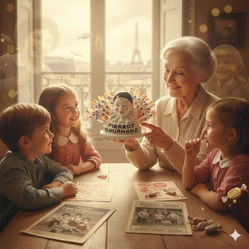 Une grand-mère partage l’histoire des sucettes Pierrot Gourmand avec des enfants autour d’une table, pour un goûter d’anniversaire réussi