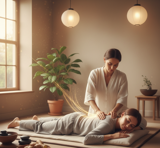 Le Shiatsu : praticien exerçant une pression douce avec les pouces sur le dos d'une personne allongée, dans une ambiance calme et lumineuse, pour la relaxation et la réduction du stress.