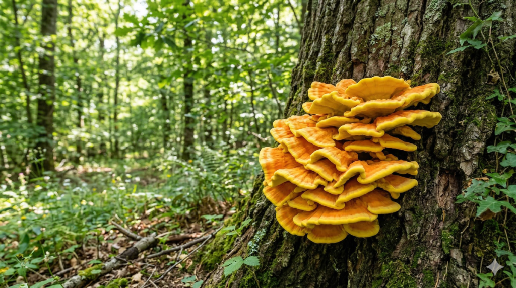 Gros plan sur une poule des bois avec ses multiples chapeaux bruns en éventail poussant au milieu de la mousse.