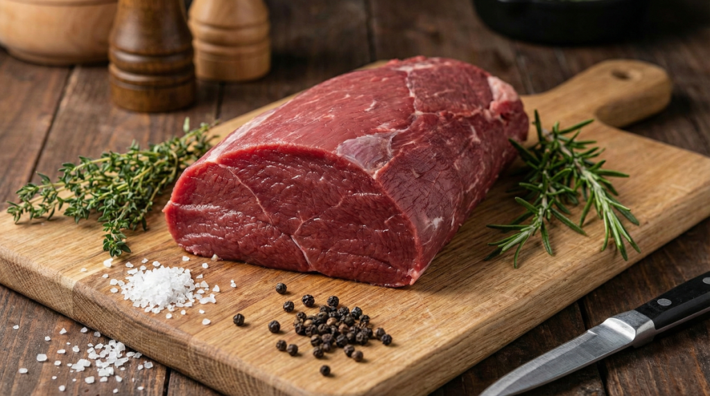 Merlan de boeuf cru et tendre présenté sur une planche à découper en bois avec des aromates.