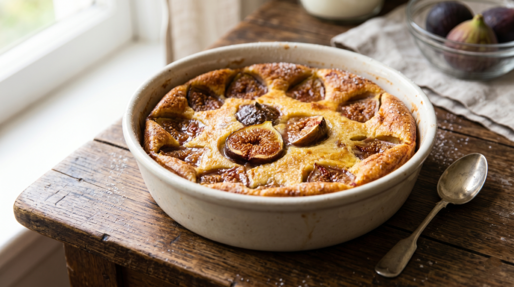 Un délicieux clafoutis figues fraîchement sorti du four dans son plat en céramique.