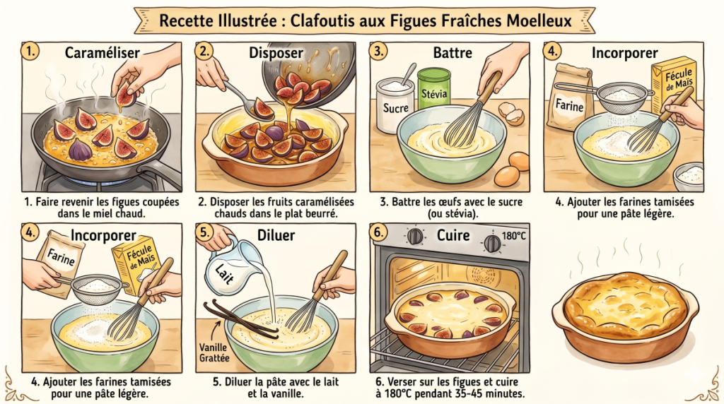Illustration pas-à-pas des étapes de préparation pour un clafoutis figues réussi.