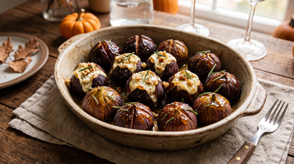 Plat gourmand de figues rôties au four avec du miel, du romarin et du fromage de chèvre.